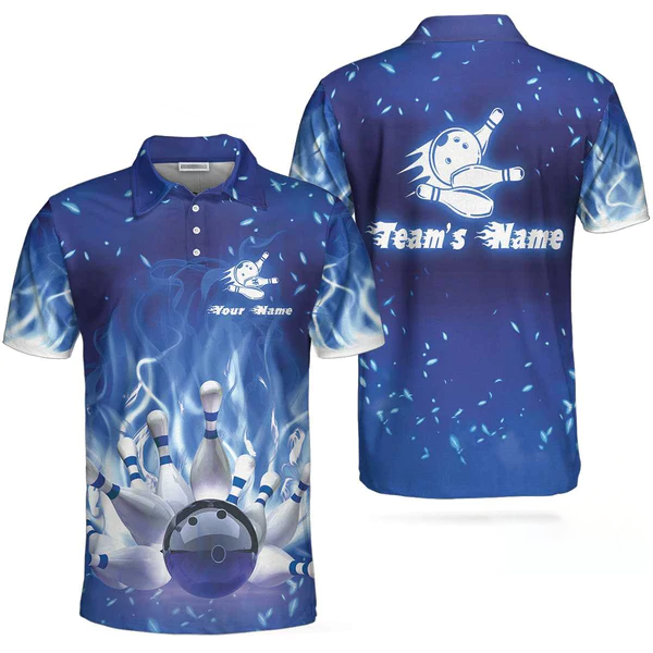 Bowling On Blue Fire Custom Polo Shirt, Blue Custom Bowling Shirt For ...